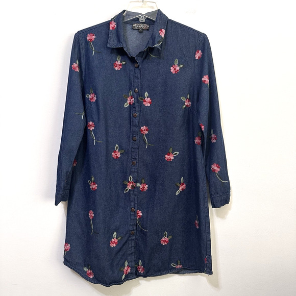 J Gee Denim Dress L Petite Blue Embroidered Flowers Button Front NO BELT Boho - Picture 1 of 9